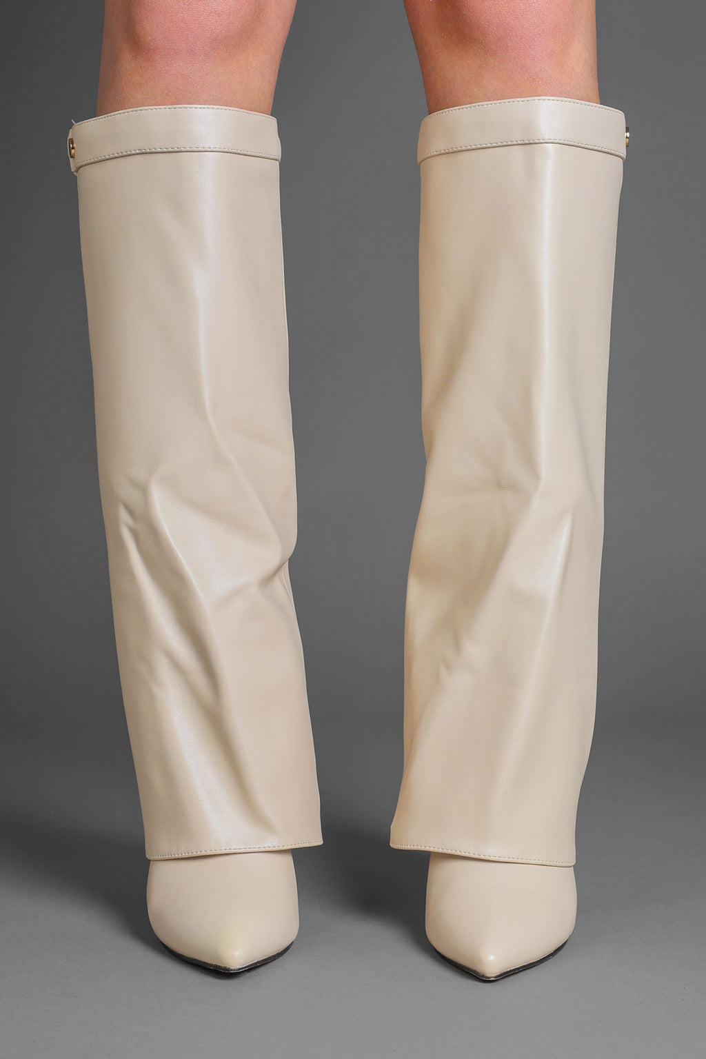 Beige Fold Over Stiletto Boots with Pointed Toe