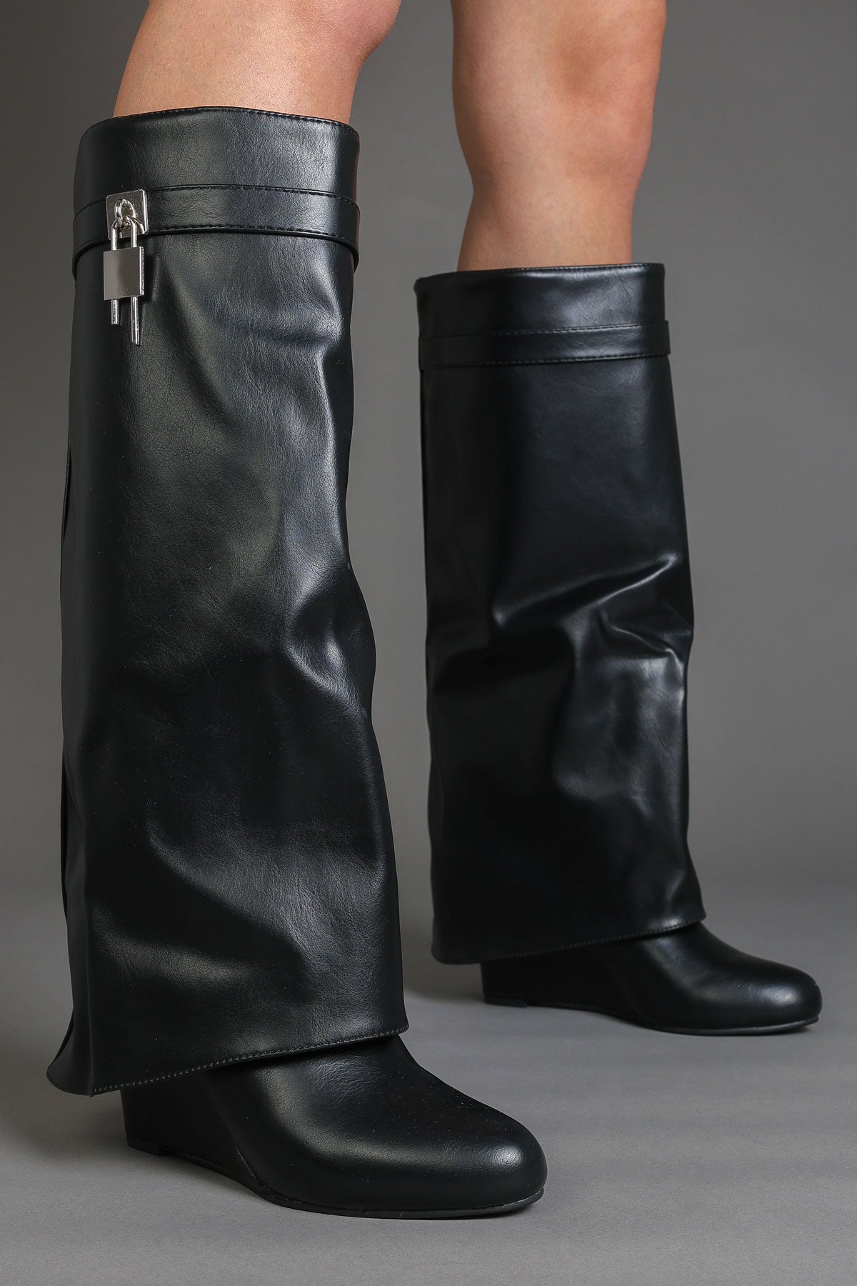 Black Faux Leather Wedge Fold Over Padlock Detail Boots
