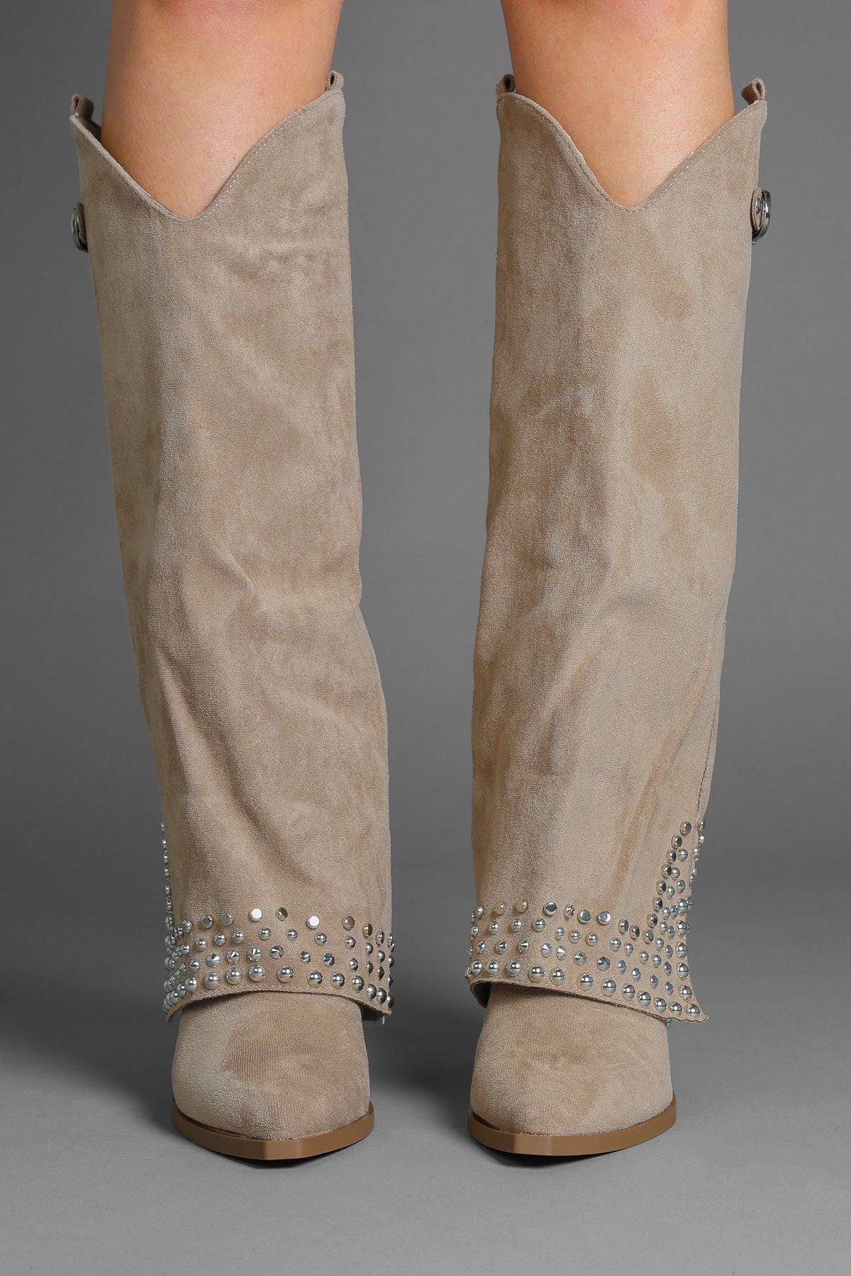 Taupe Suede Studded Fold Over Slouch Western Cowboy Boots
