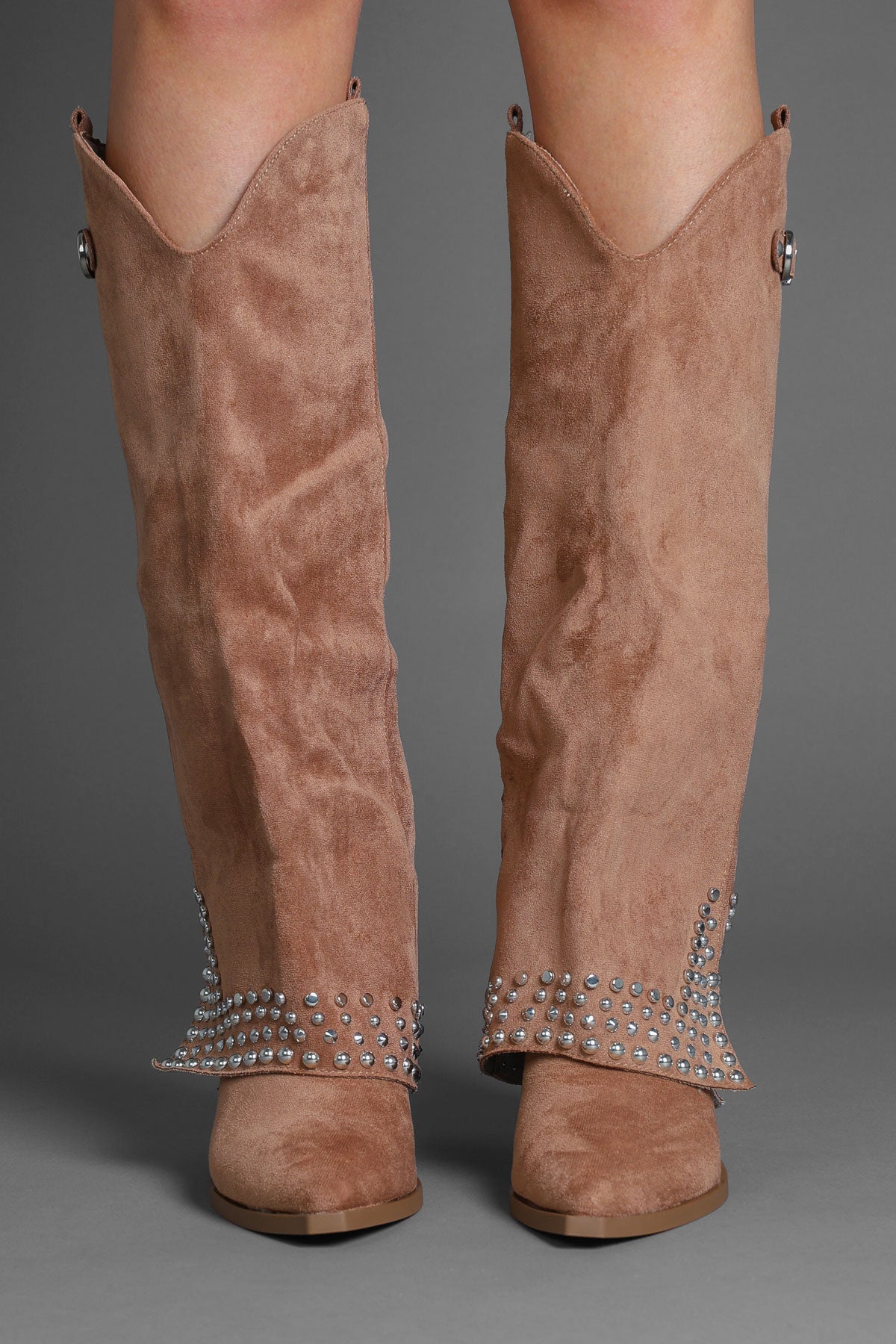Tan Faux Suede Studded Fold Over Slouch Western Cowboy Boots