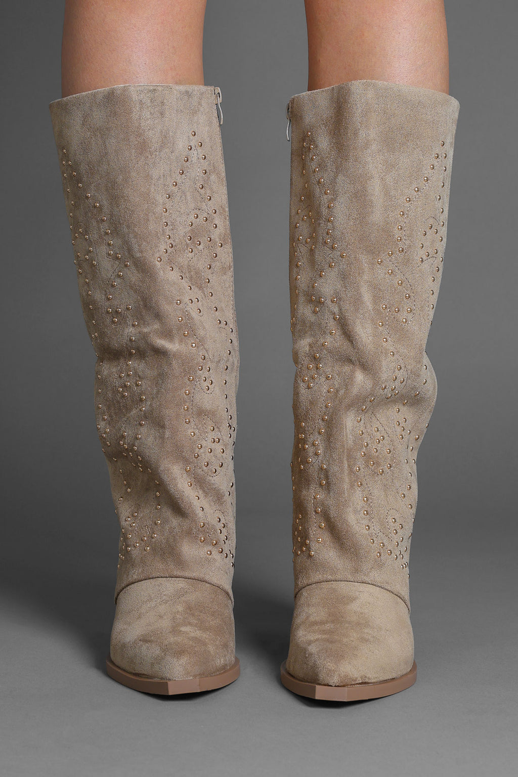 Taupe Faux Suede Studded Slouchy Western Cowboy Boots
