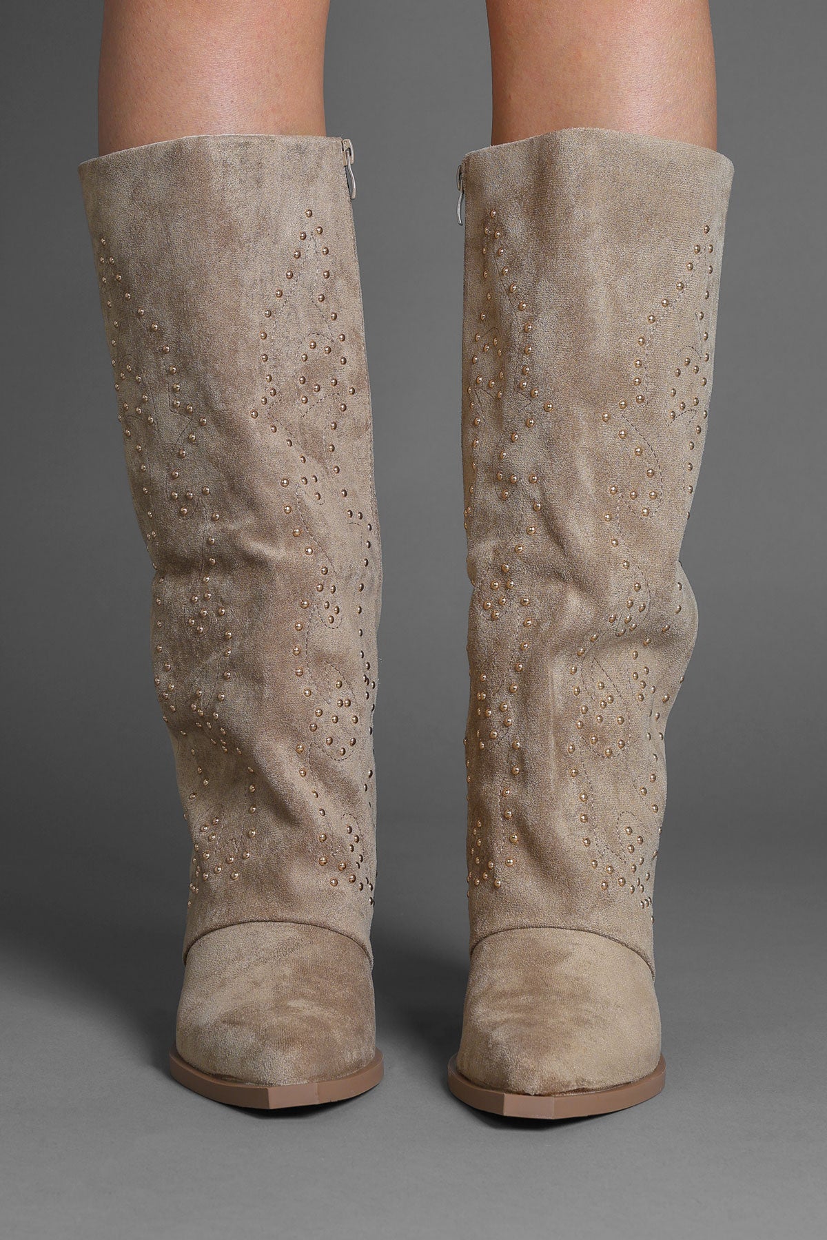 Taupe Faux Suede Studded Slouchy Western Cowboy Boots