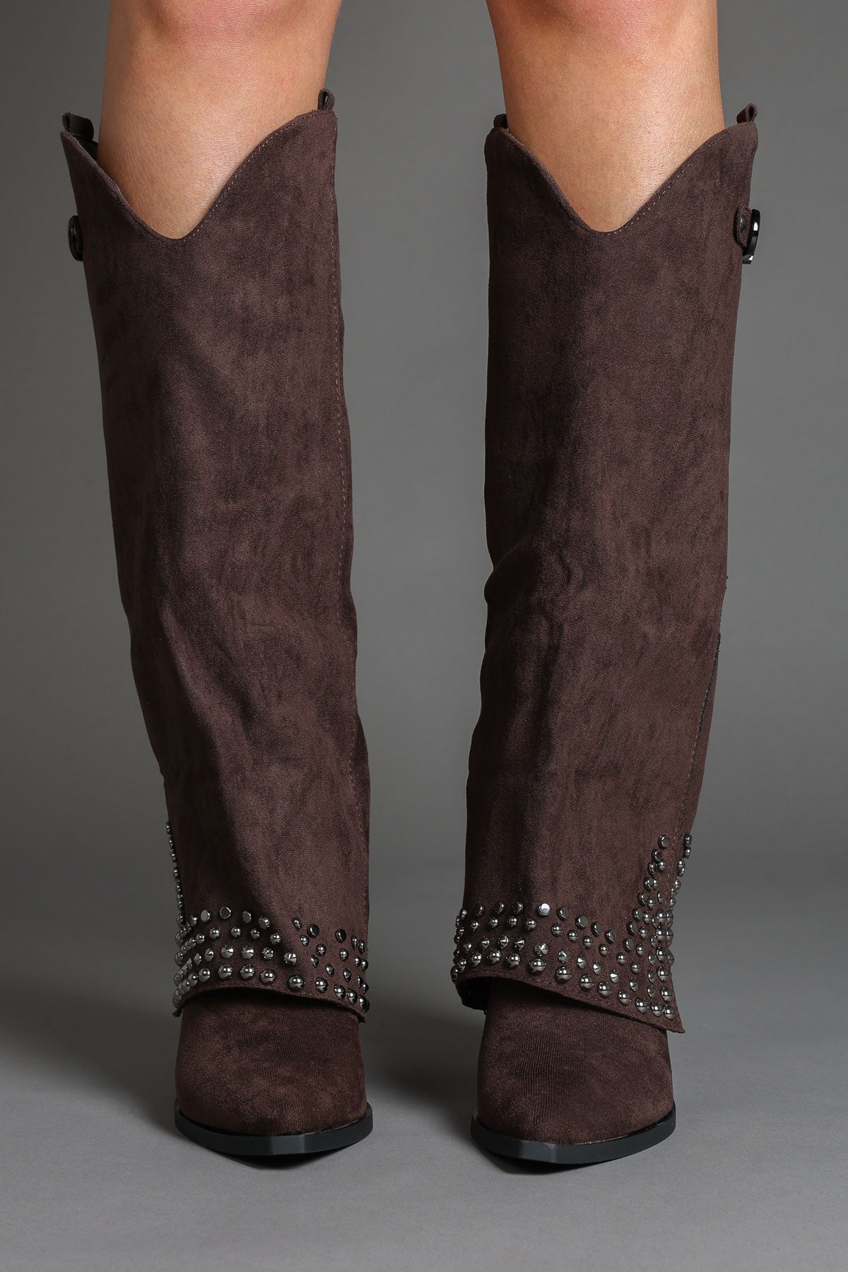 Brown Faux Suede Studded Fold Over Slouch Western Cowboy Boots