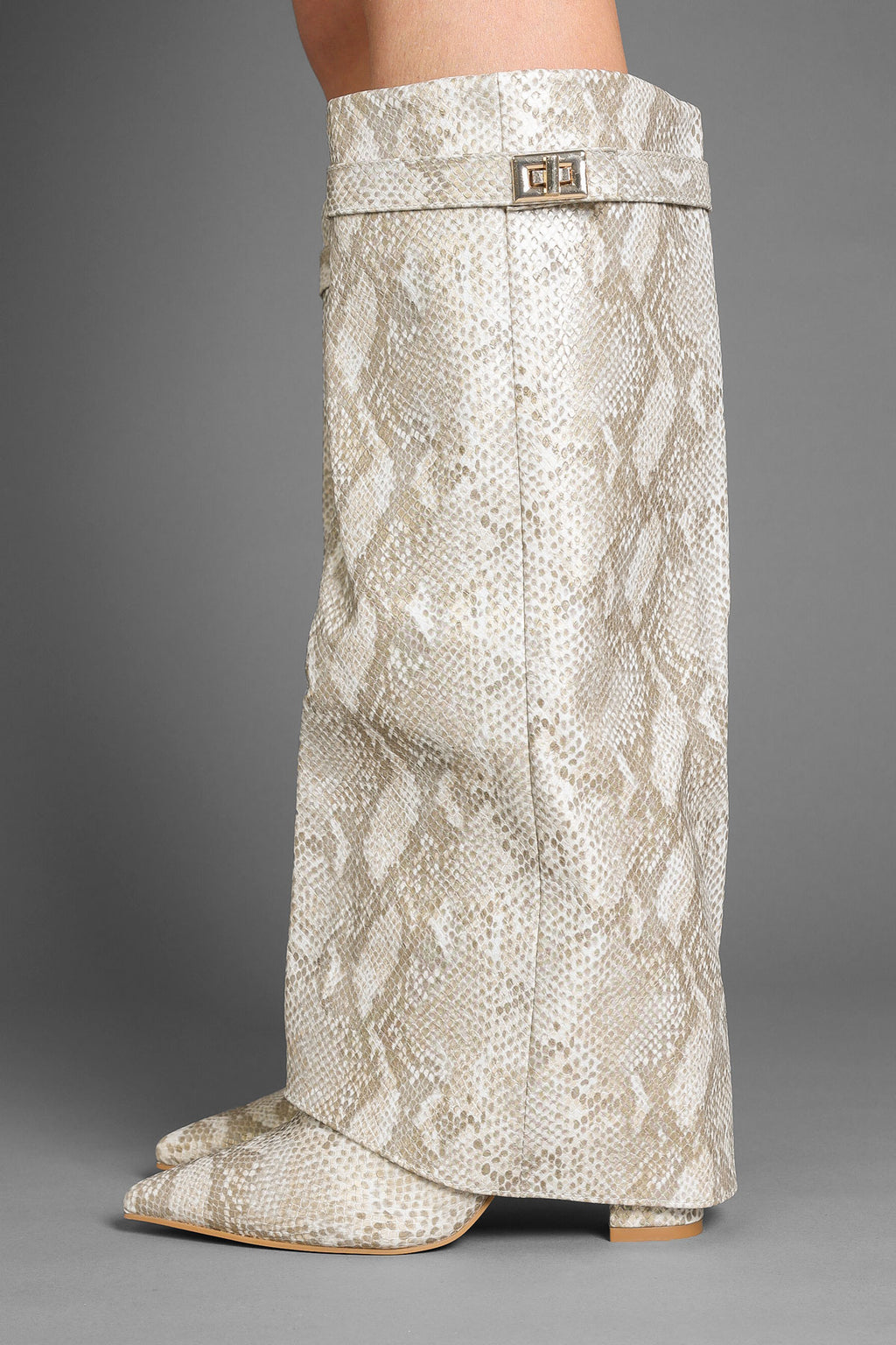 Snake Faux Leather Slouchy Fold-Over Boots with Buckle Detail