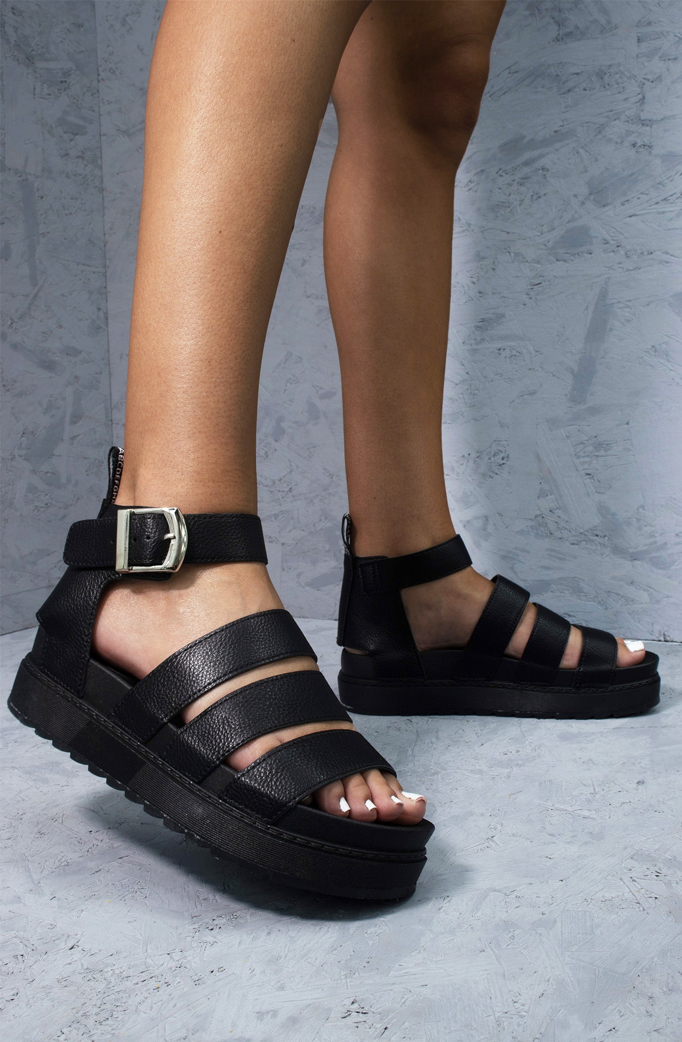 Black Faux Leather Chunky Gladiator Sandal
