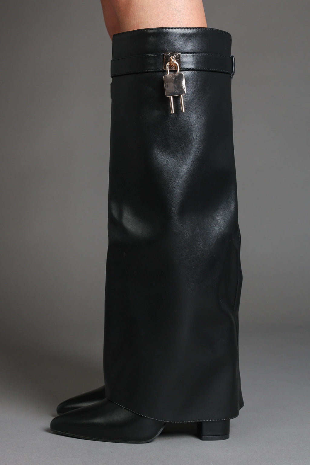 Black Faux Leather Fold Over Padlock Detail Slouchy Shark Boots