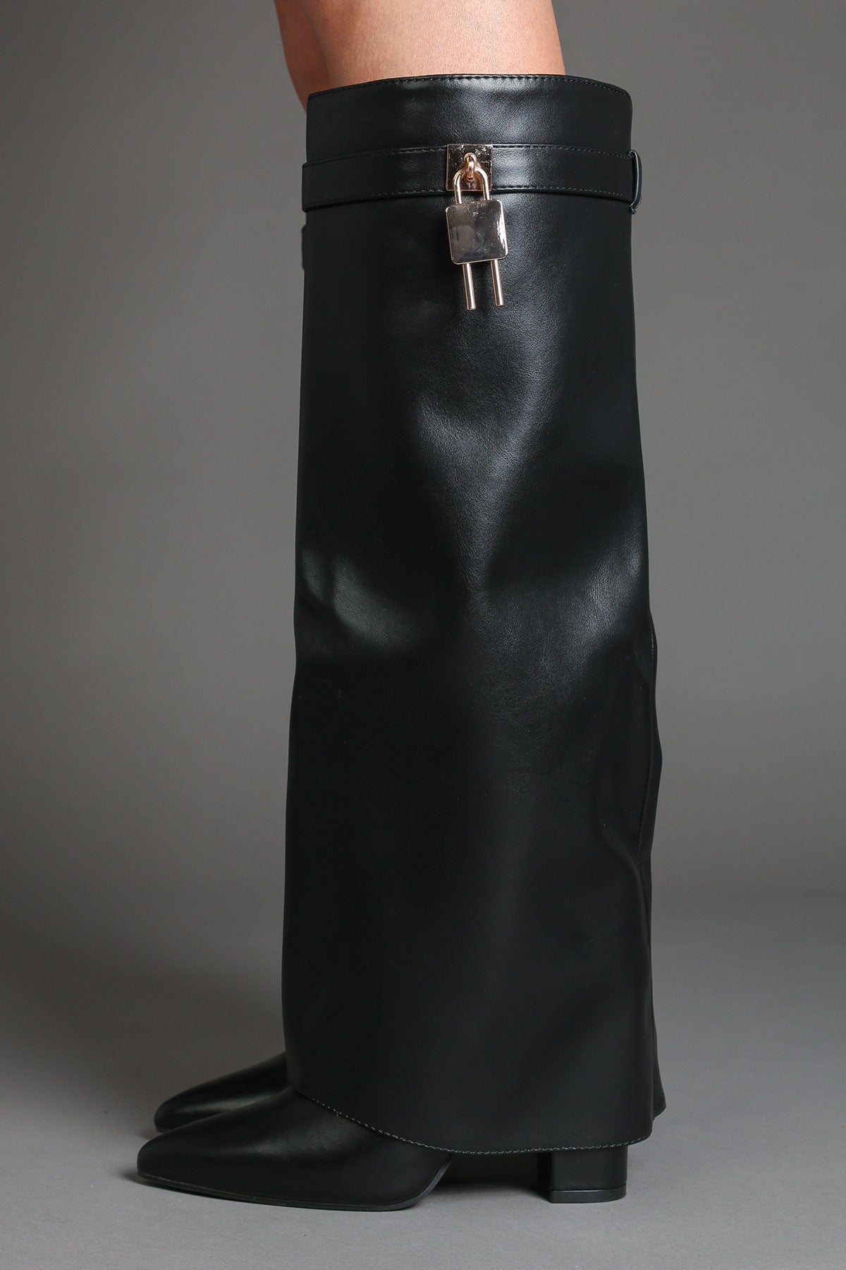 Black Faux Leather Fold Over Padlock Detail Slouchy Shark Boots