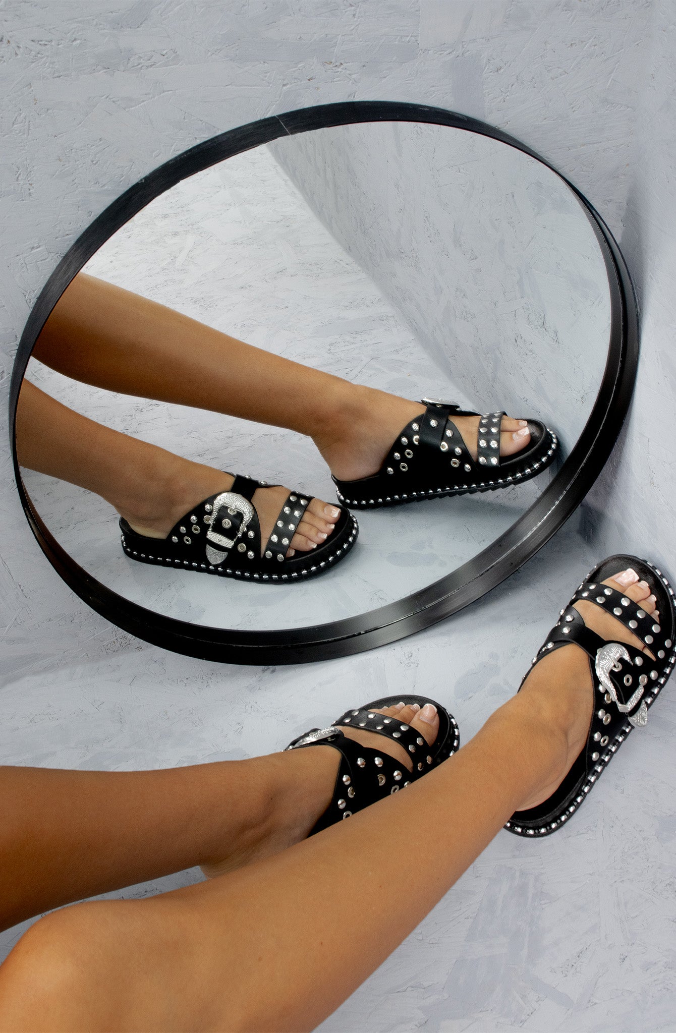 Black Chunky Sole Western Buckle Studded Sandal