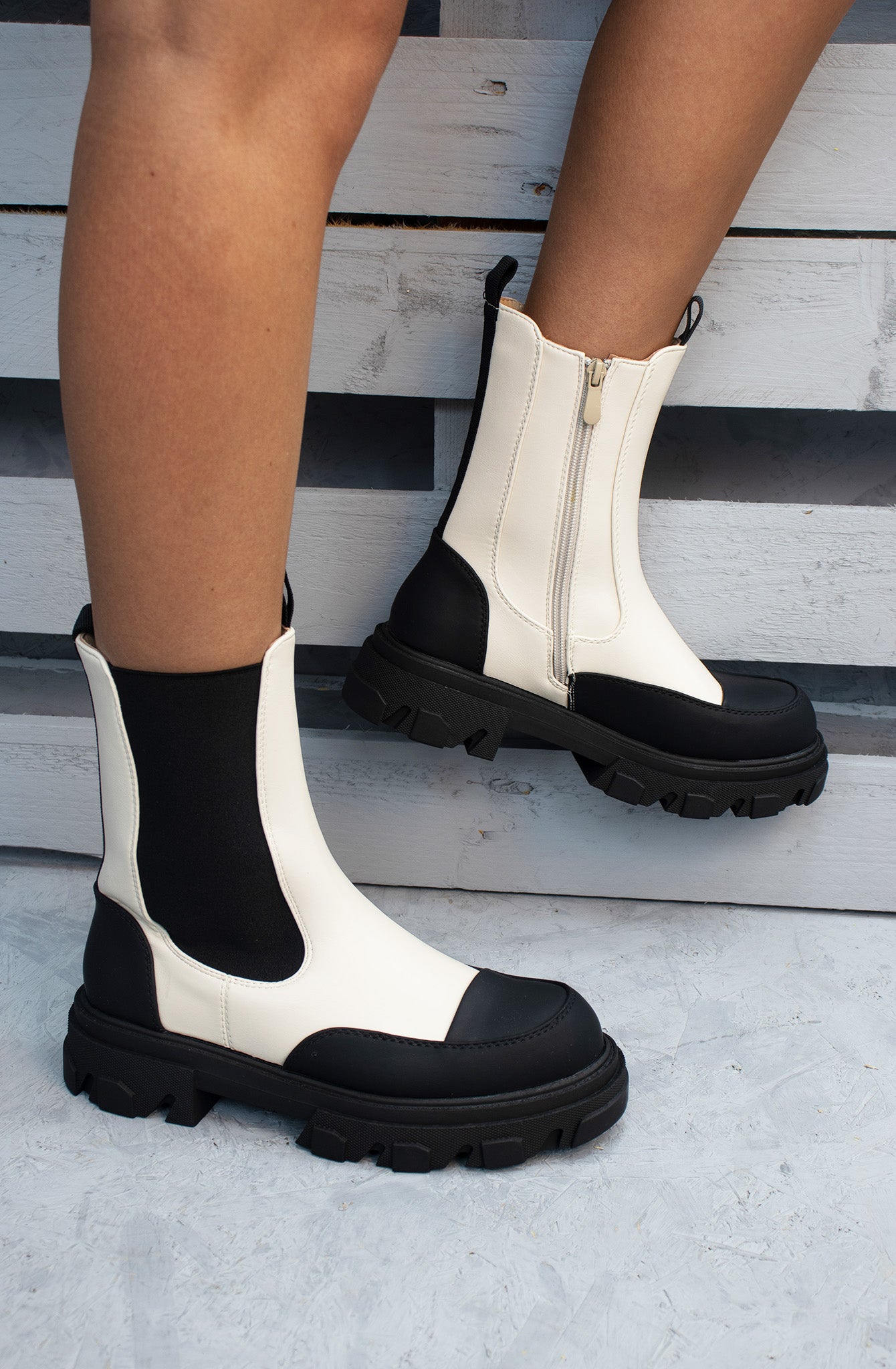 Black Beige Calf Length Chunky Faux Leather Chelsea Boots