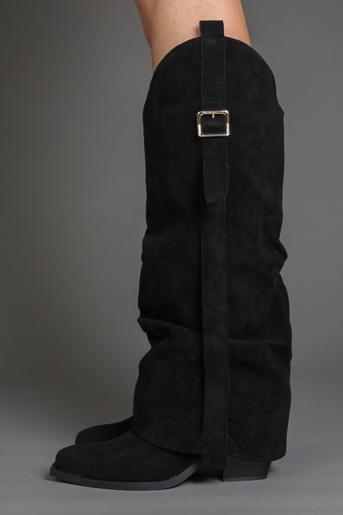 Black Suede Slouchy Fold Over Western Cowboy Boots