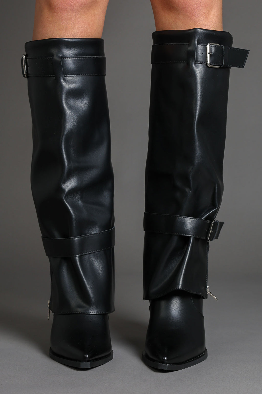 Black Fold Over Pointed-Toe Buckle Detail Western Boots