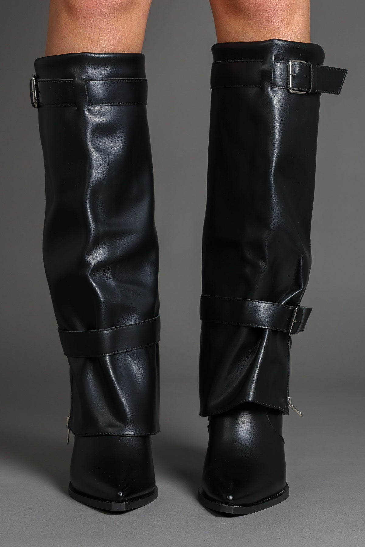 Black Fold Over Pointed-Toe Buckle Detail Western Boots
