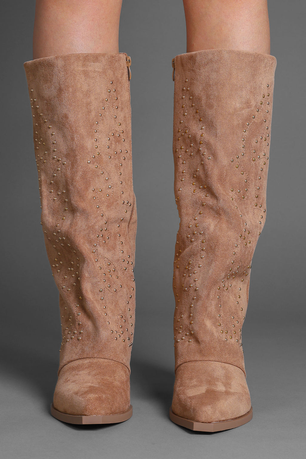 Tan Faux Suede Studded Slouchy Western Cowboy Boots