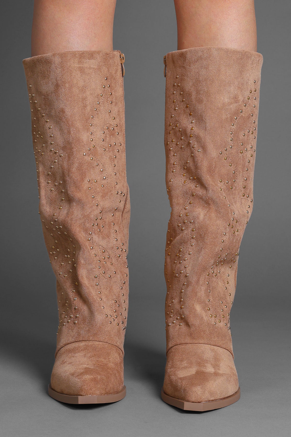 Tan Faux Suede Studded Slouchy Western Cowboy Boots