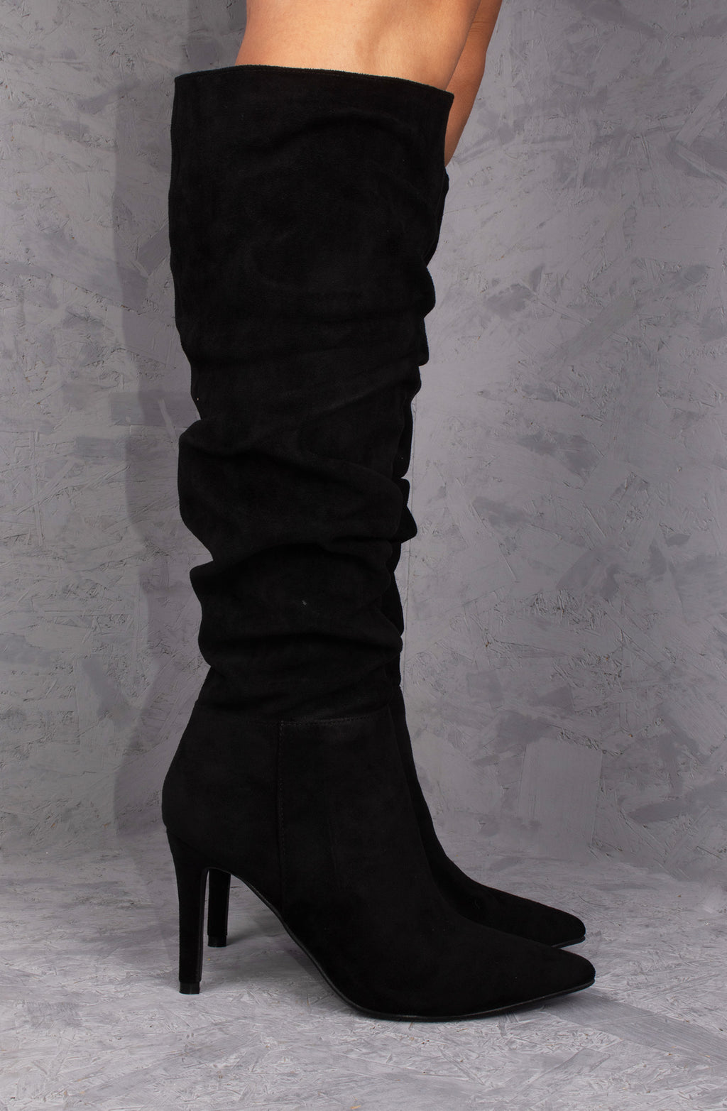 Black Ruched Pointed Toe Stiletto High Heel Knee High Boots