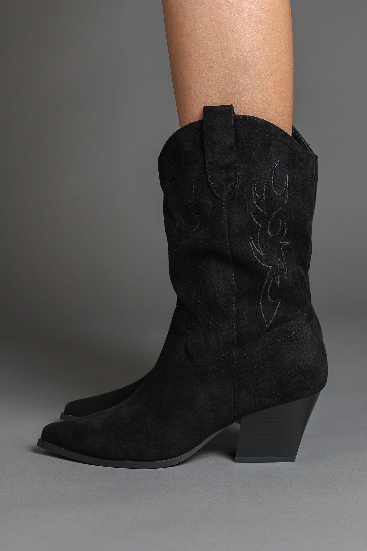 Black Faux Suede Flame Embroidered Western Cowboy Boots