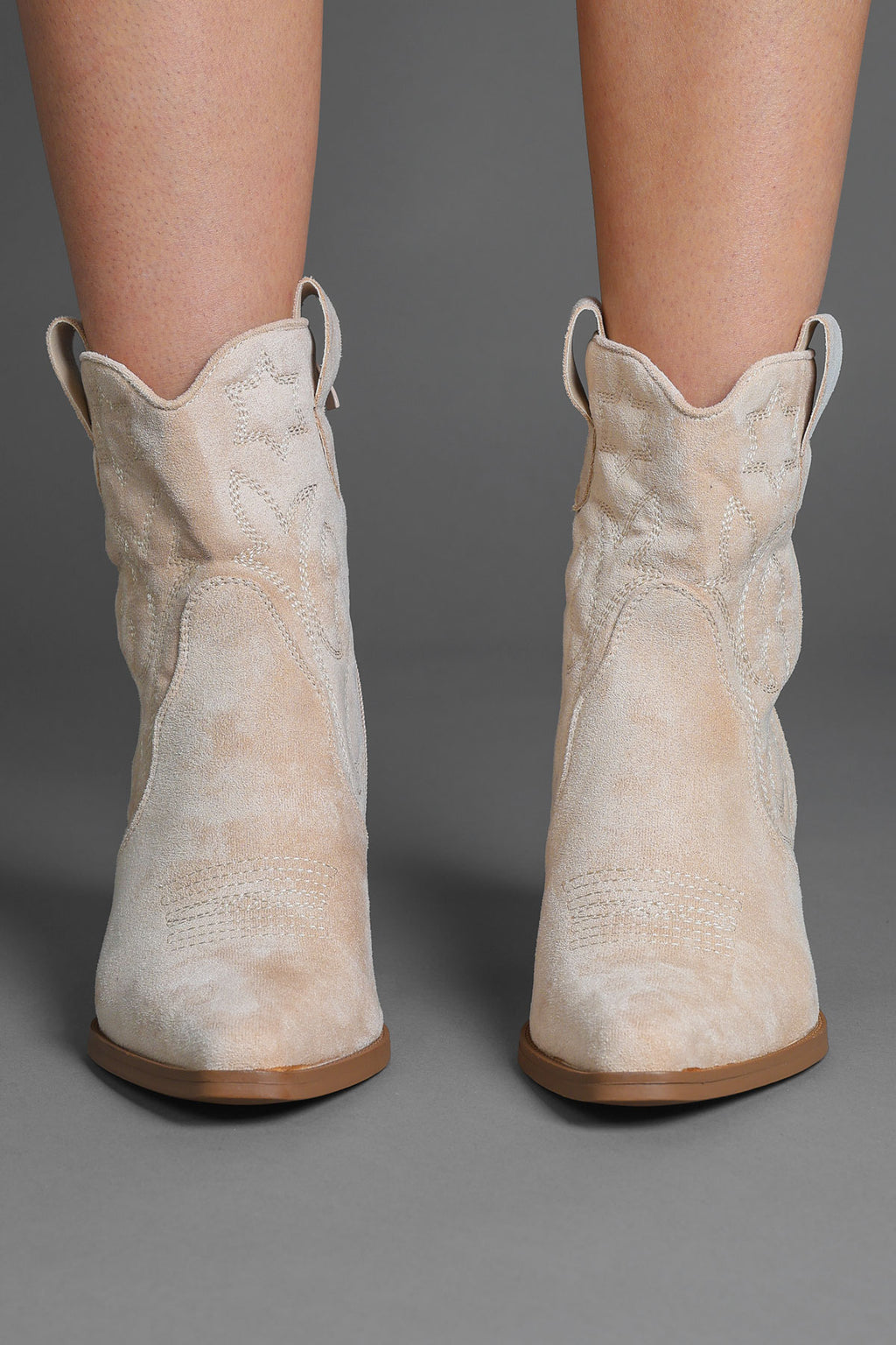 Beige Embroidered Western Ankle Cowboy Boots