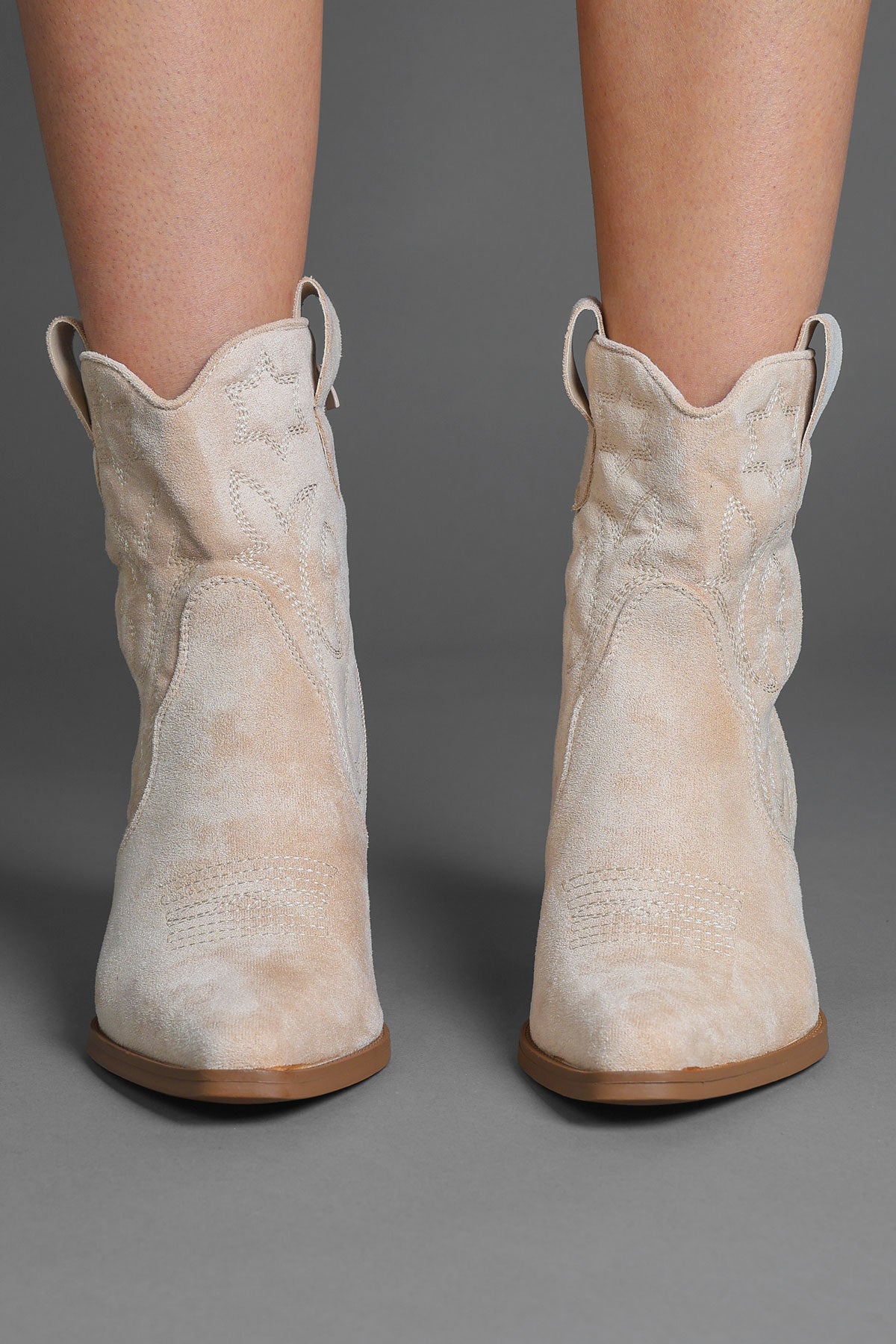Beige Embroidered Western Ankle Cowboy Boots