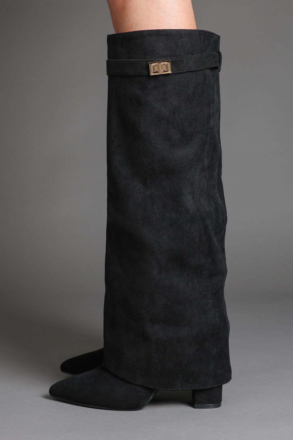 Black Faux Suede Fold Over Buckle lock Shark Boots