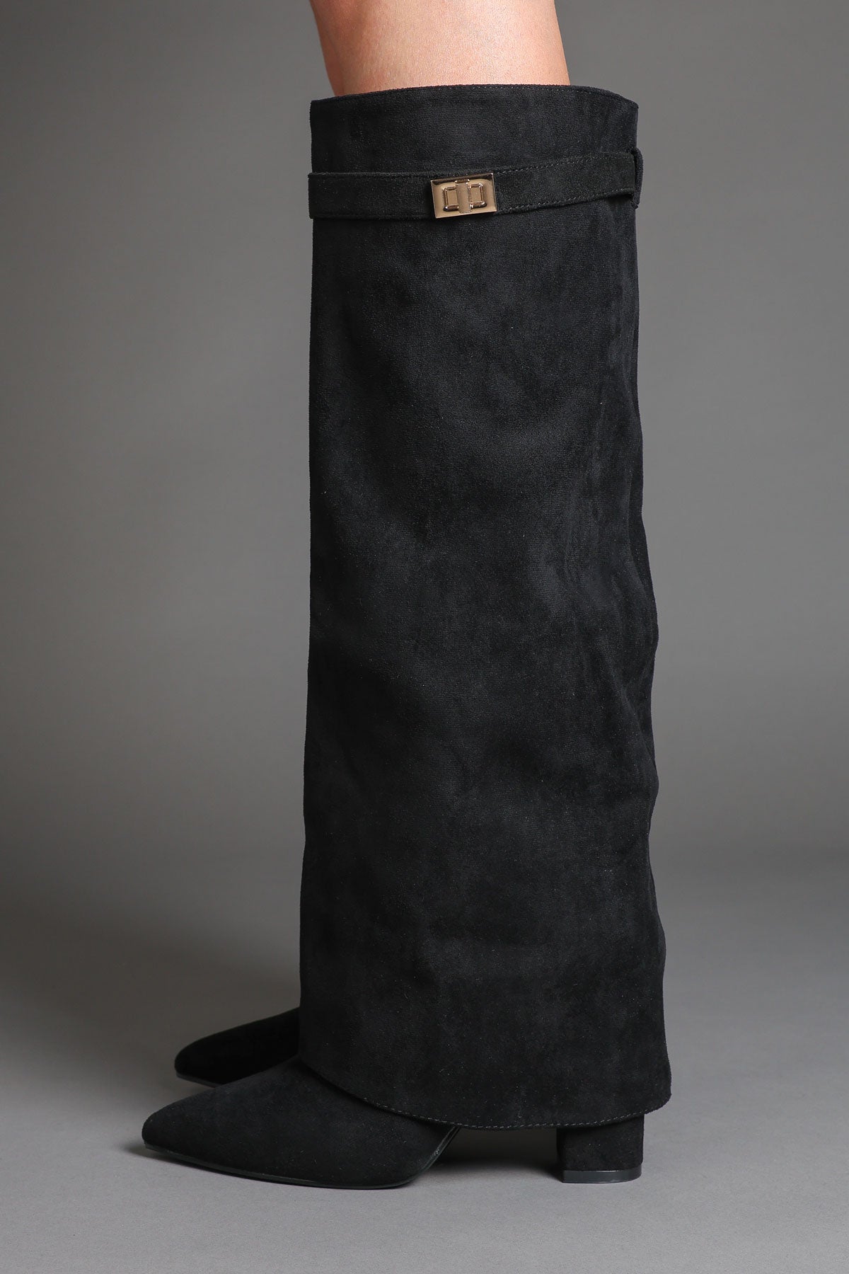 Black Faux Suede Fold Over Buckle lock Shark Boots