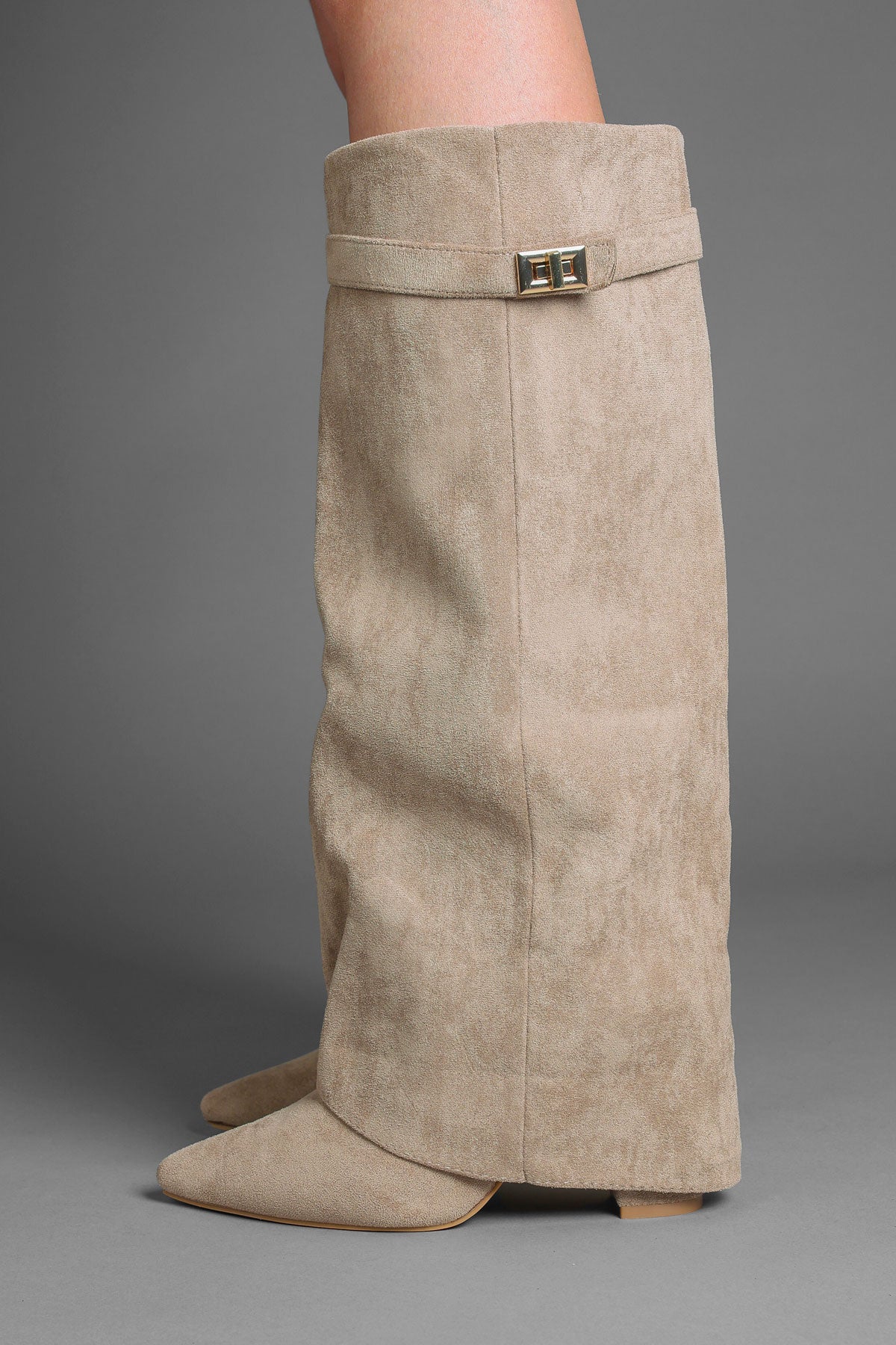 Taupe Faux Suede Fold Over Buckle lock Shark Boots