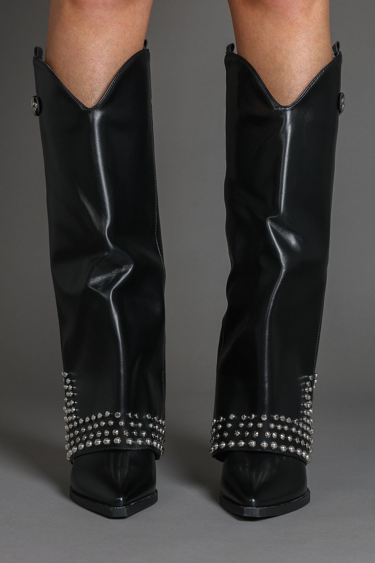 Black Faux Leather Studded Fold Over Slouch Western Cowboy Boots