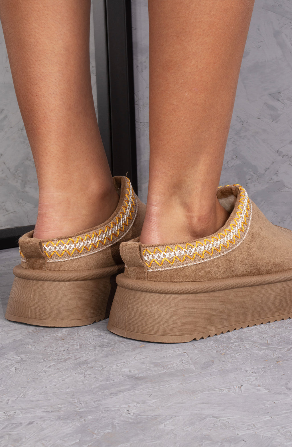 Vanilla Suede Embroidered Chunky Platform Slippers Shoes - Taupe