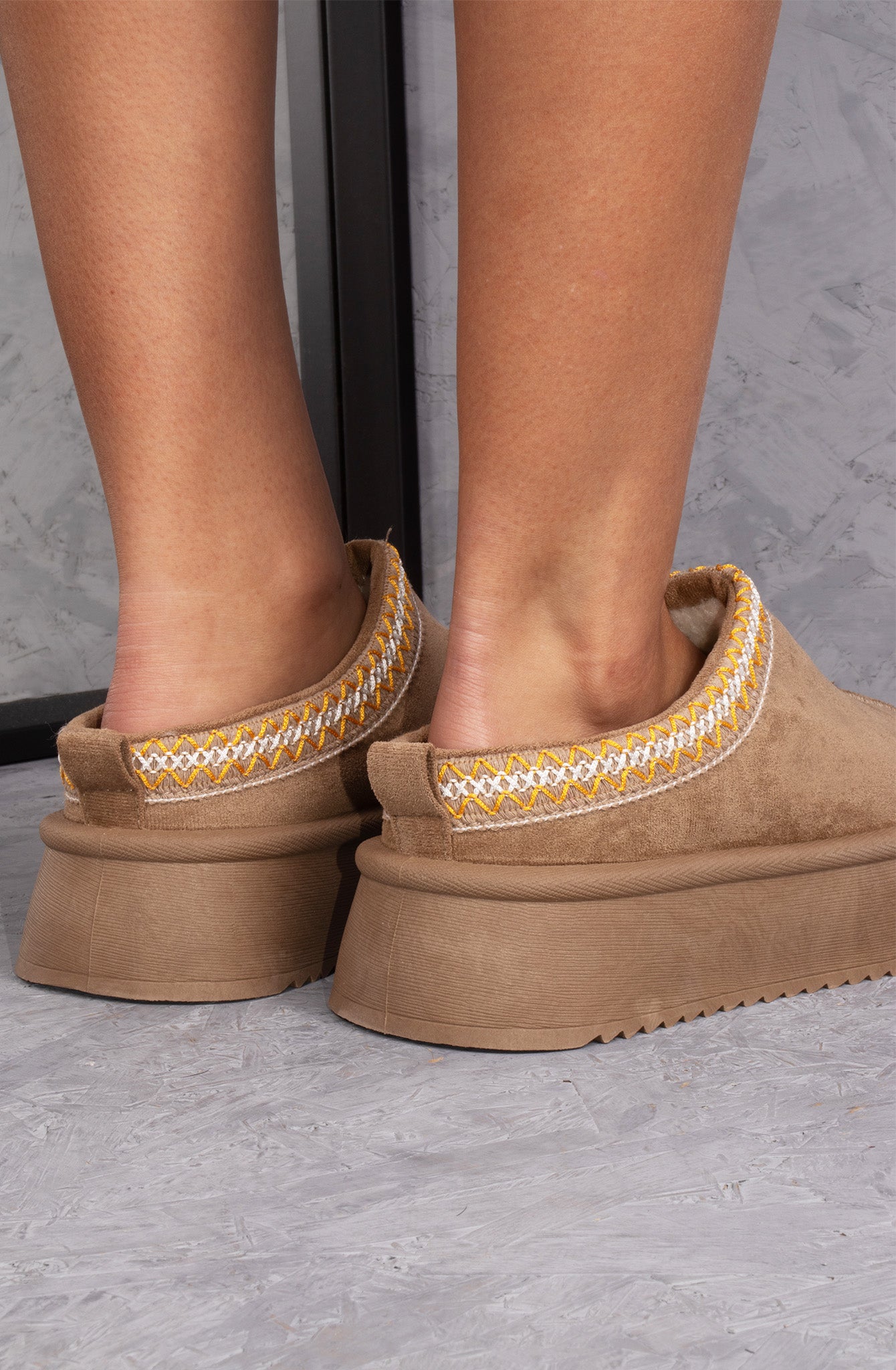 Vanilla Suede Embroidered Chunky Platform Slippers Shoes - Taupe