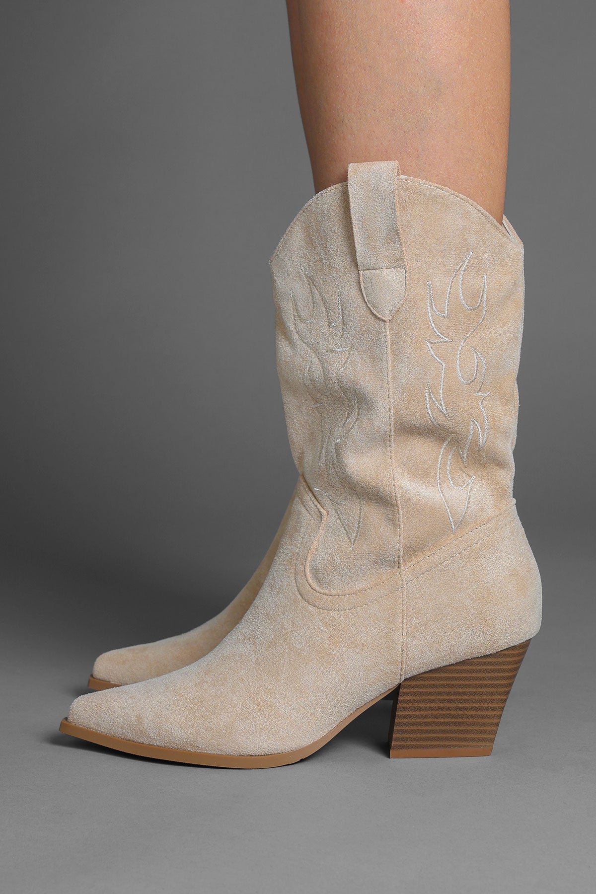 Beige Faux Suede Flame Embroidered Western Cowboy Boots