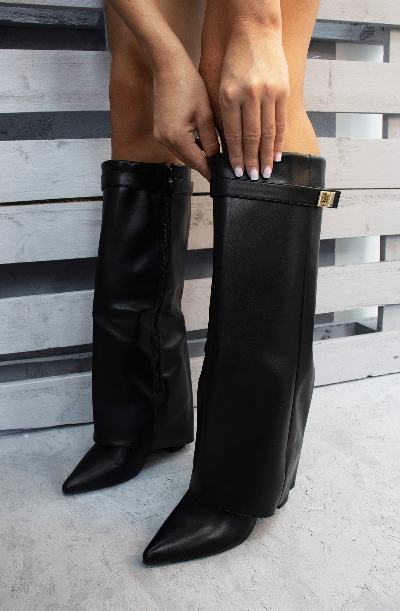 Black Leather Fold Over Shark Classic Buckle Knee High Boot