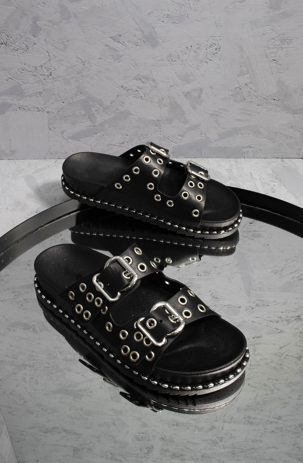 Black Chunky Eyelet Buckle Sandals