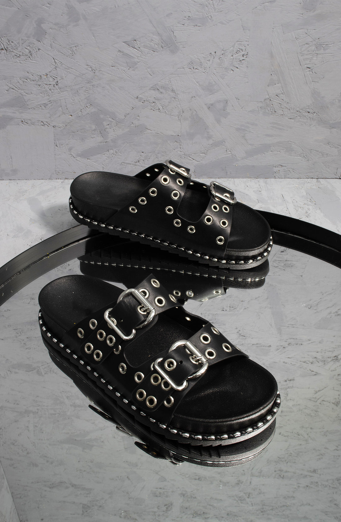 Made You Look Chunky Eyelet Buckle Sandals Black