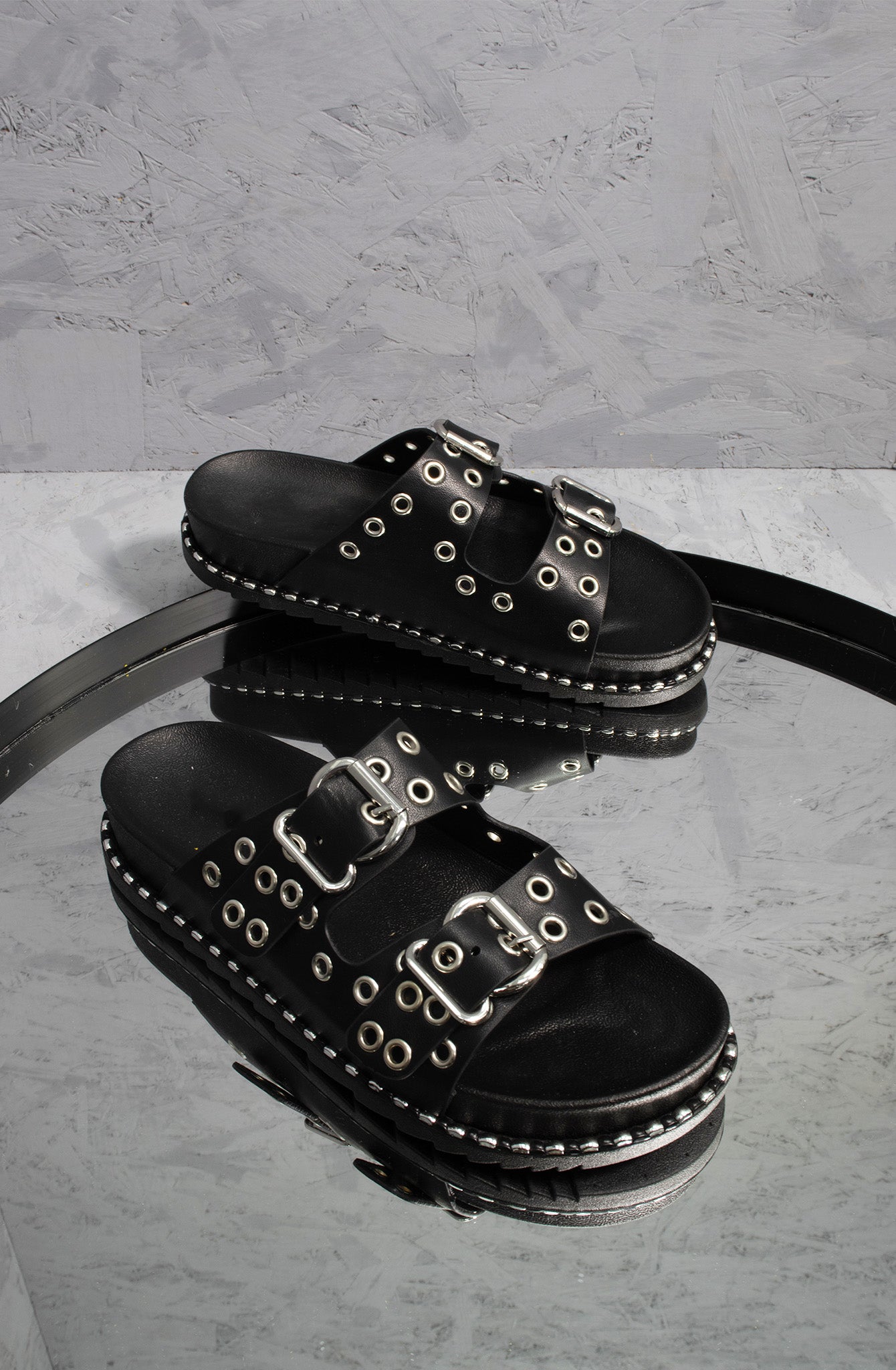 Black Chunky Eyelet Buckle Sandals