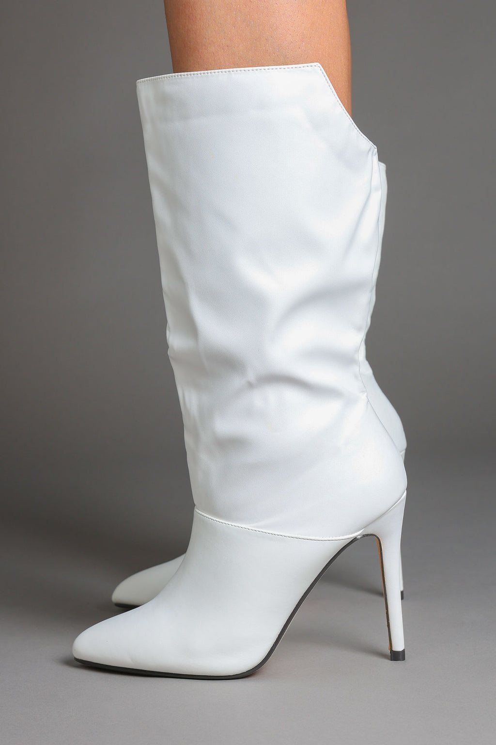 White Faux Leather Slouchy Pointed-Toe Stiletto Boots