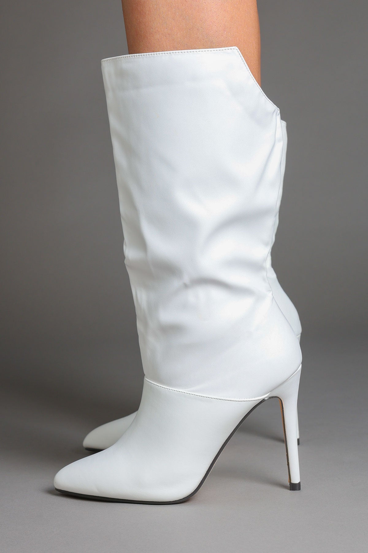 White Faux Leather Slouchy Pointed-Toe Stiletto Boots