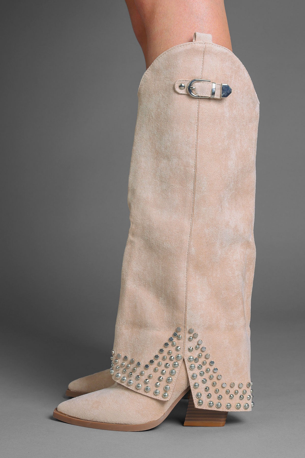 Beige Faux Suede Studded Fold Over Slouch Western Cowboy Boots