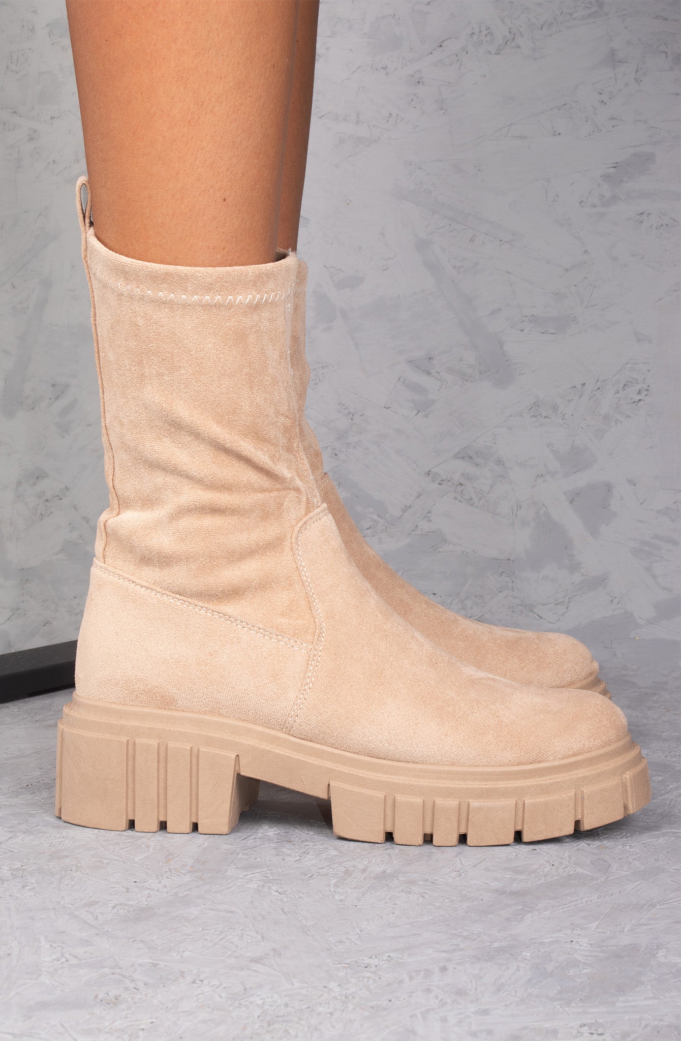Beige Faux Suede Ankle Sock Boot