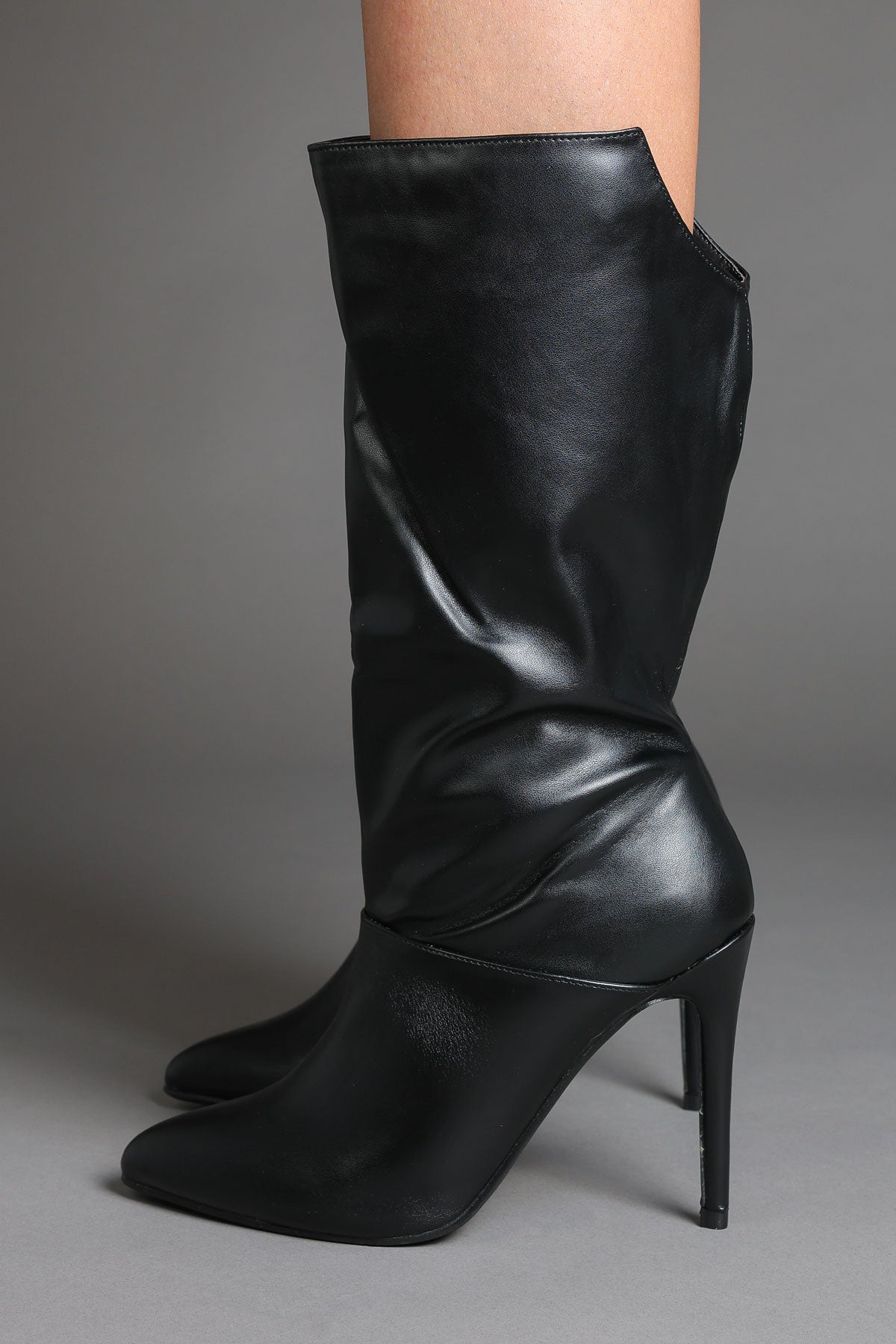 Black Faux Leather Slouchy Pointed-Toe Stiletto Boots