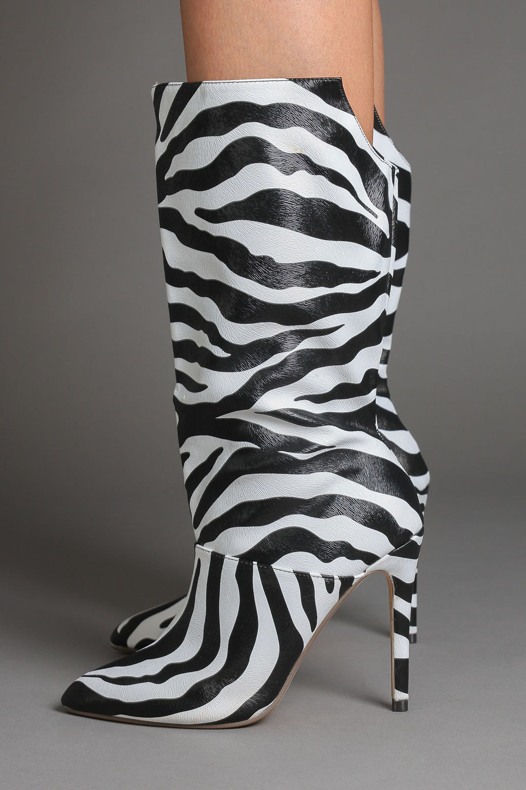 Zebra Printed Faux Leather Slouchy Pointed-Toe Stiletto Boots