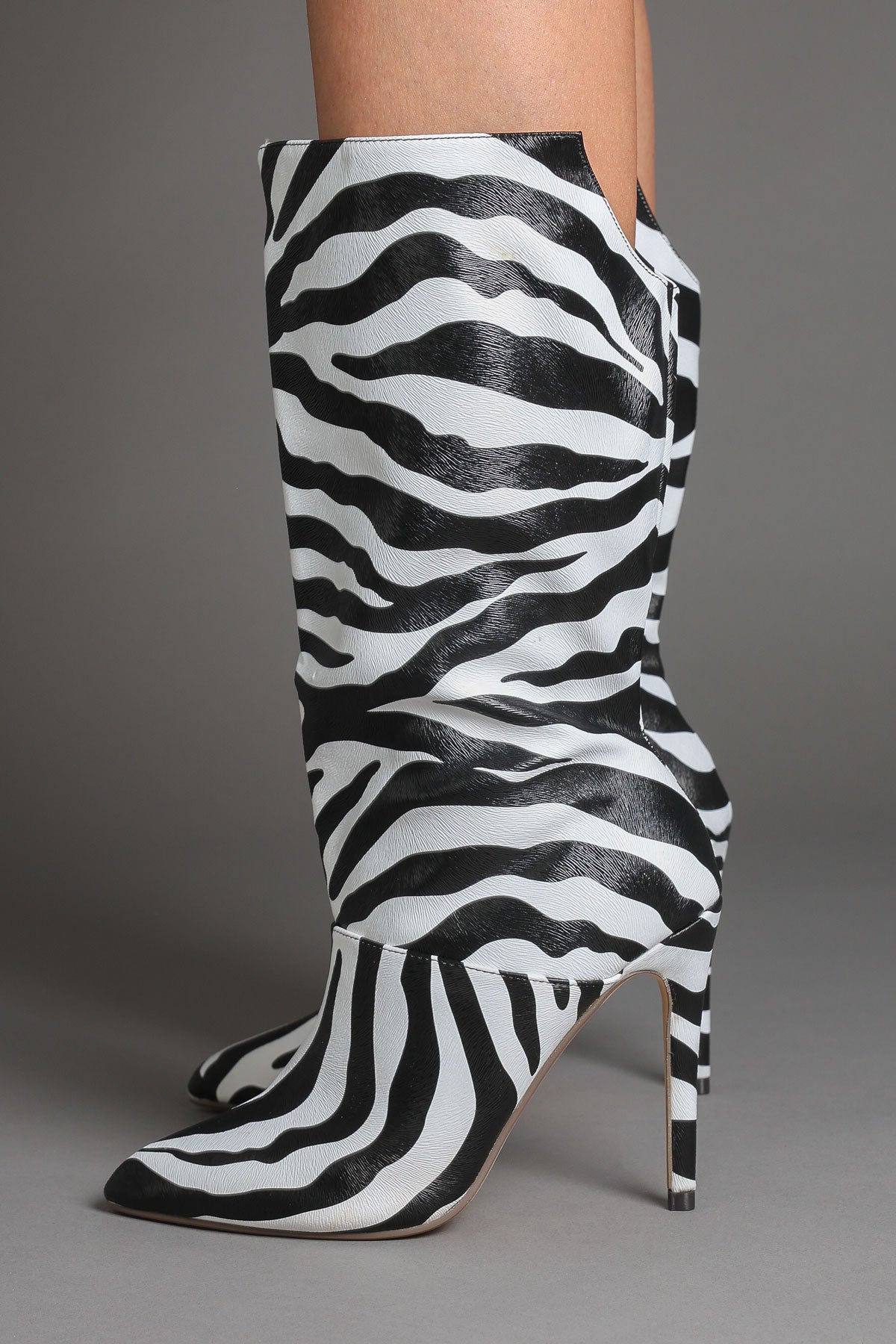 Zebra Printed Faux Leather Slouchy Pointed-Toe Stiletto Boots
