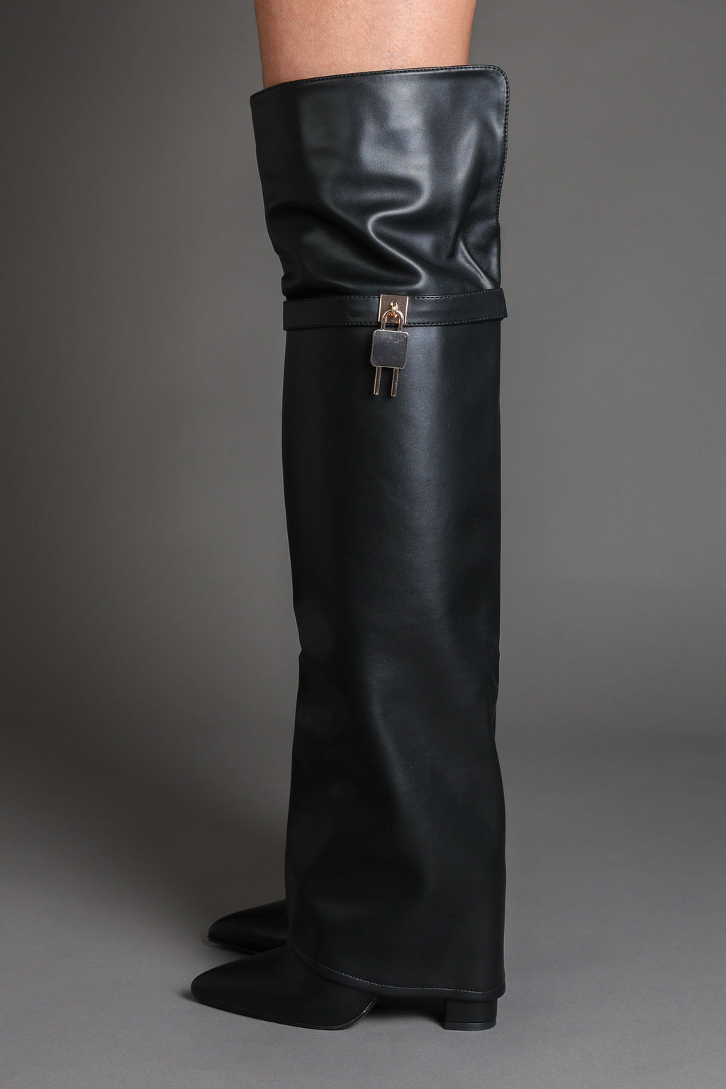 Black Faux Leather Lock Detail Fold Over Shark Thigh High Long Boots