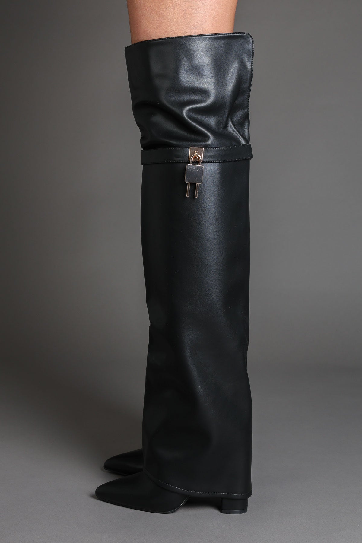 Black Faux Leather Lock Detail Fold Over Shark Thigh High Long Boots