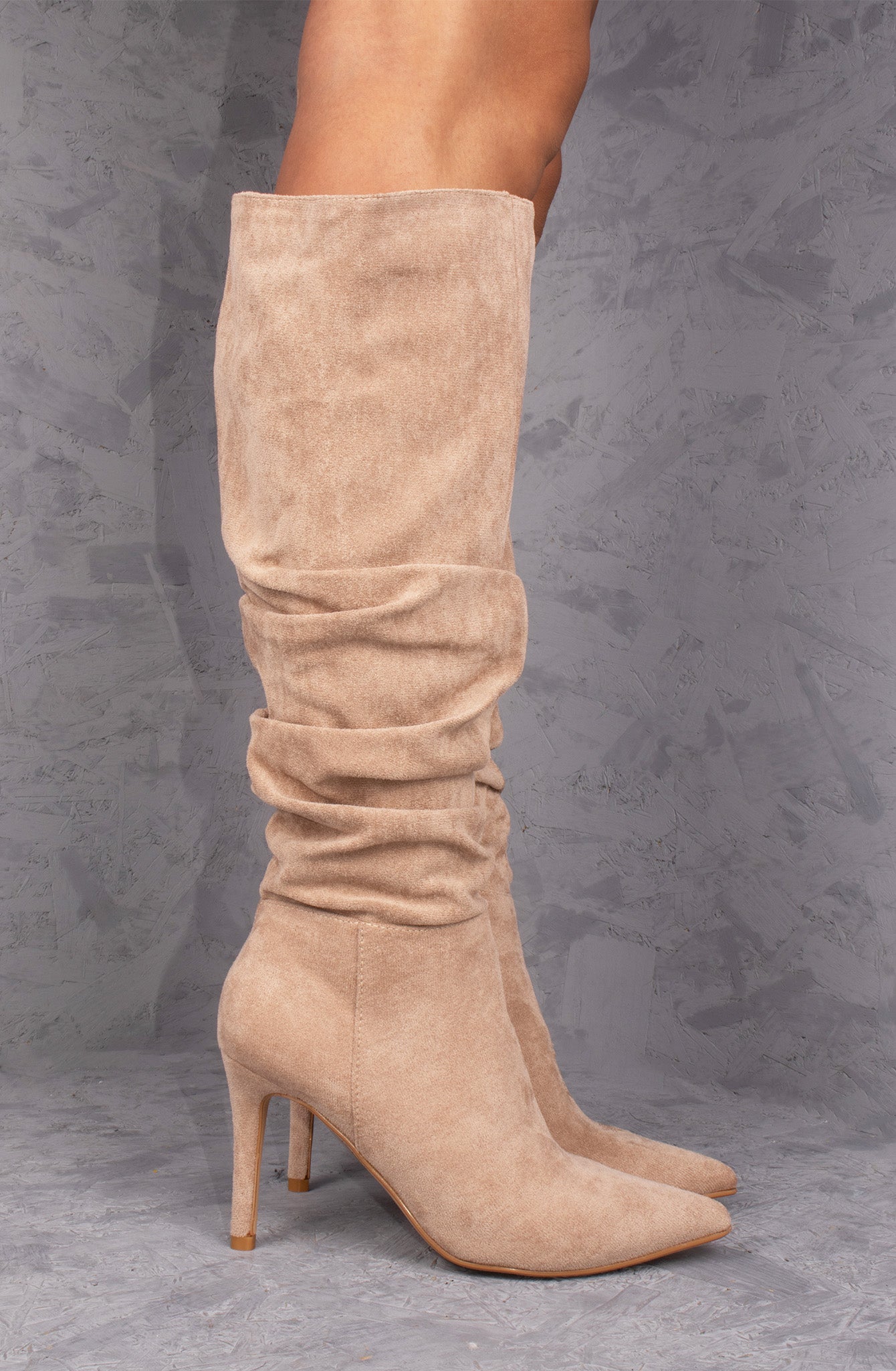 Taupe Ruched Pointed Toe Stiletto High Heel Knee High Boots