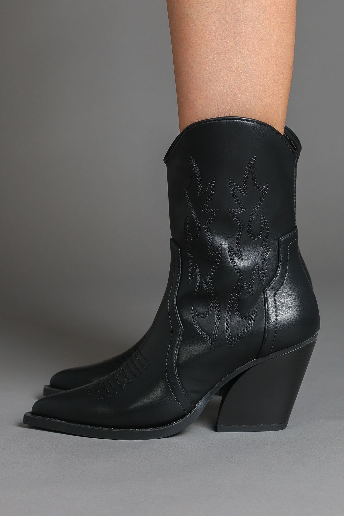 Black Faux Leather Embroidered Classic Western Ankle Cowboy Boots