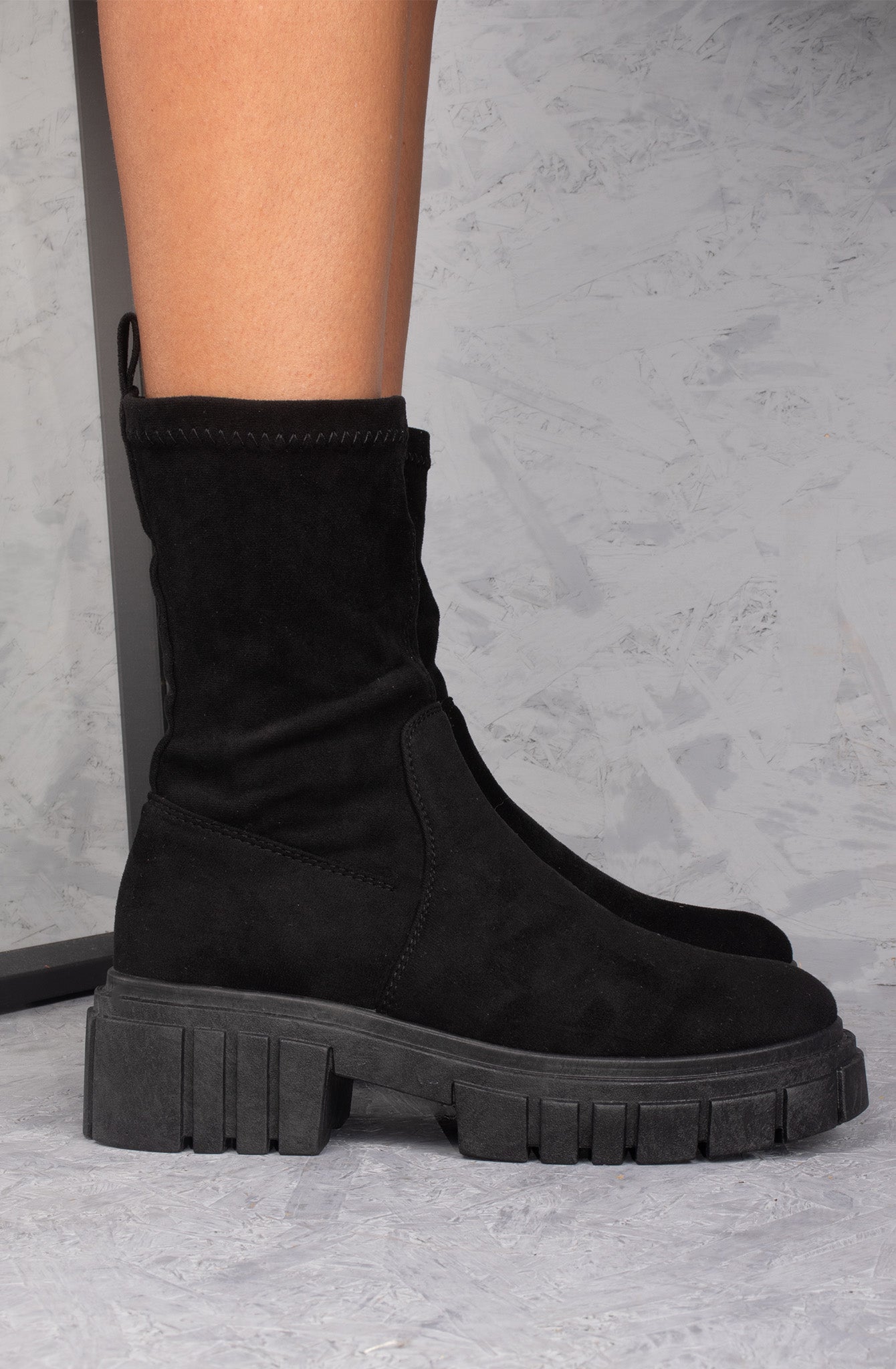 Black Faux Suede Ankle Sock Boot