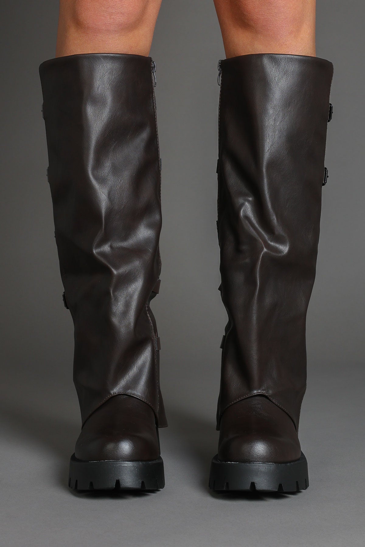 Brown Buckle Detail Fold Over Chunky Biker Boots - Kissed Black