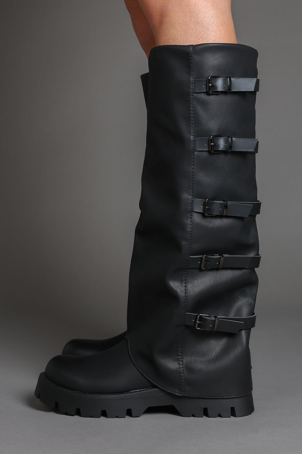 Black Buckle Detail Fold Over Chunky Biker Boots