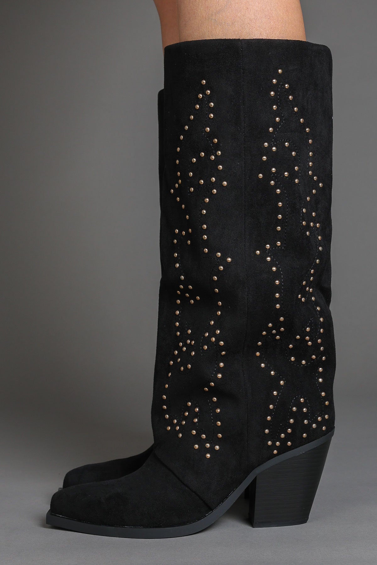 Black Faux Suede Studded Slouchy Western Cowboy Boots