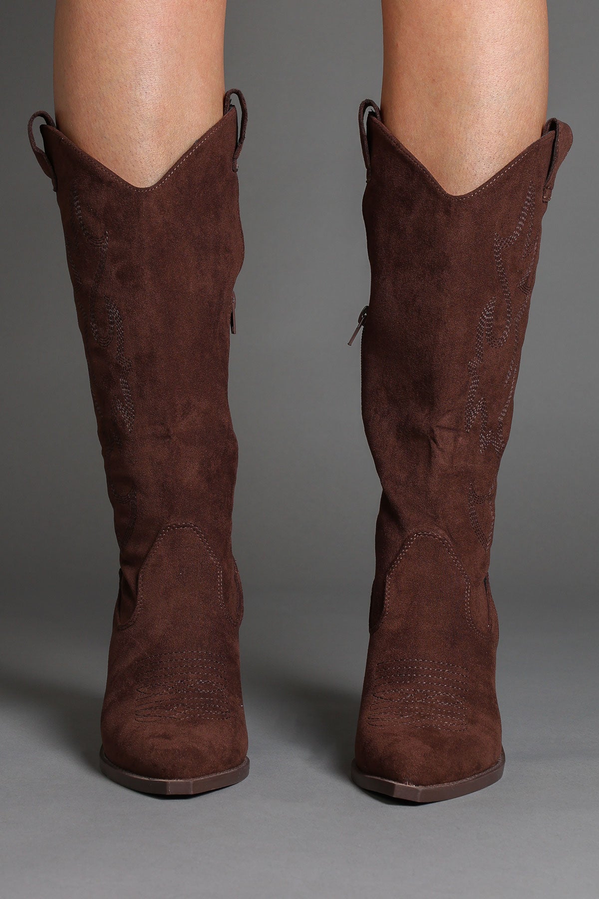 Brown Faux Suede Embroidered Classic Western Cowboy Boots