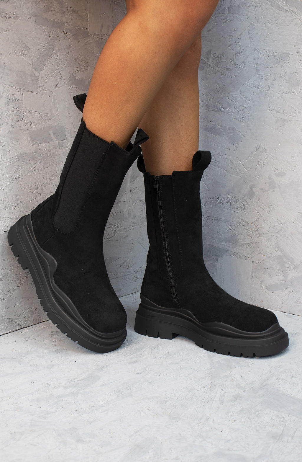 Level Up Chunky Faux Suede Ankle Boots Black